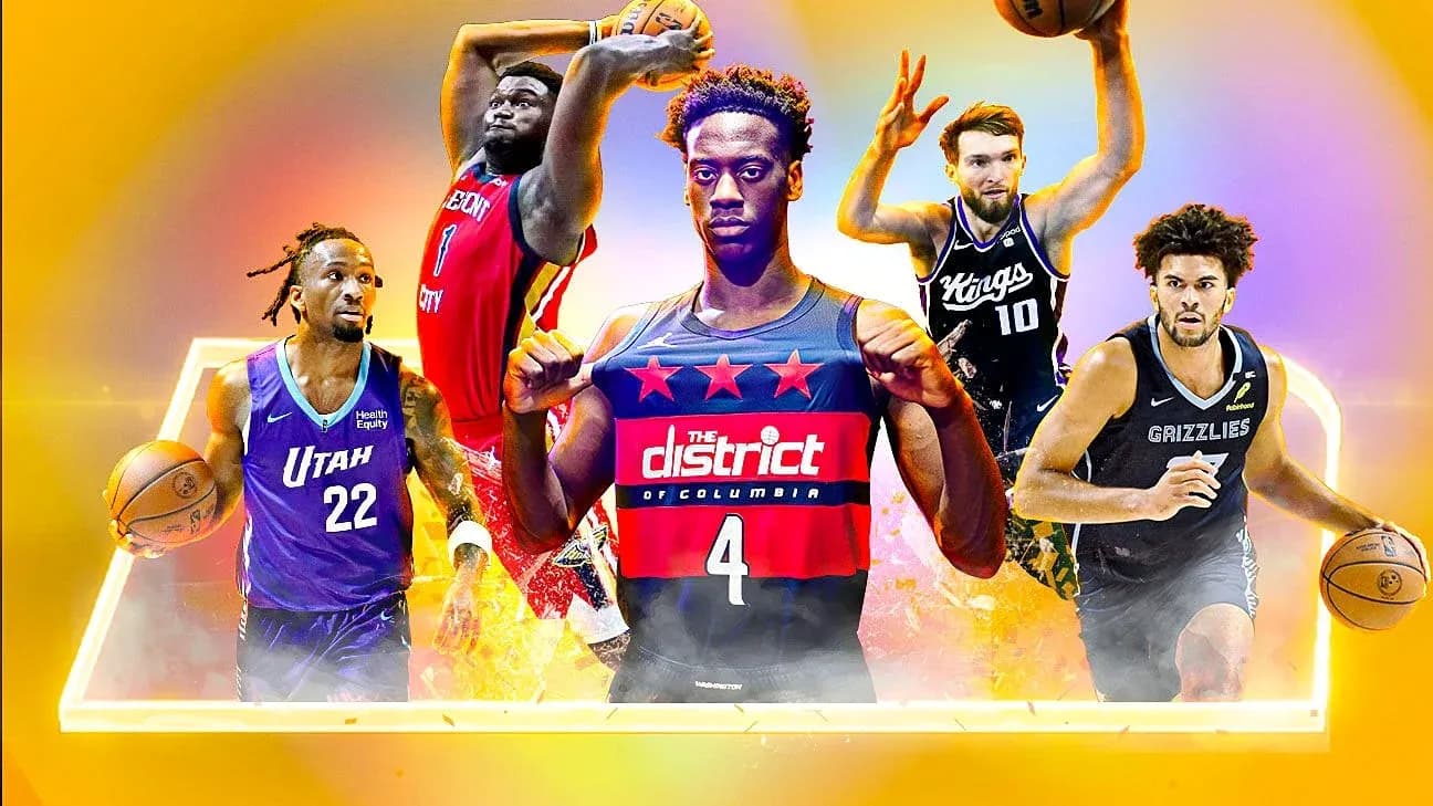 Five basketball players from different teams in action Five basketball players from different teams in action