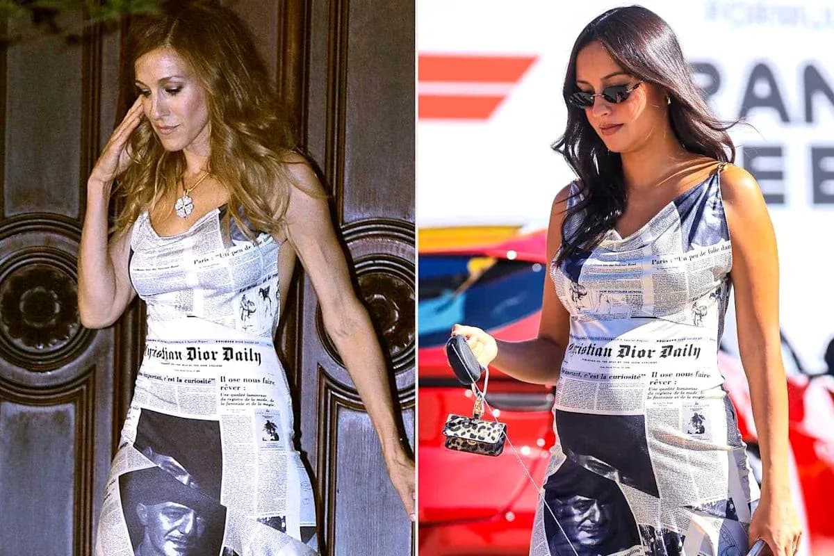Two women wearing newspaper print dresses outdoors Two women wearing newspaper print dresses outdoors