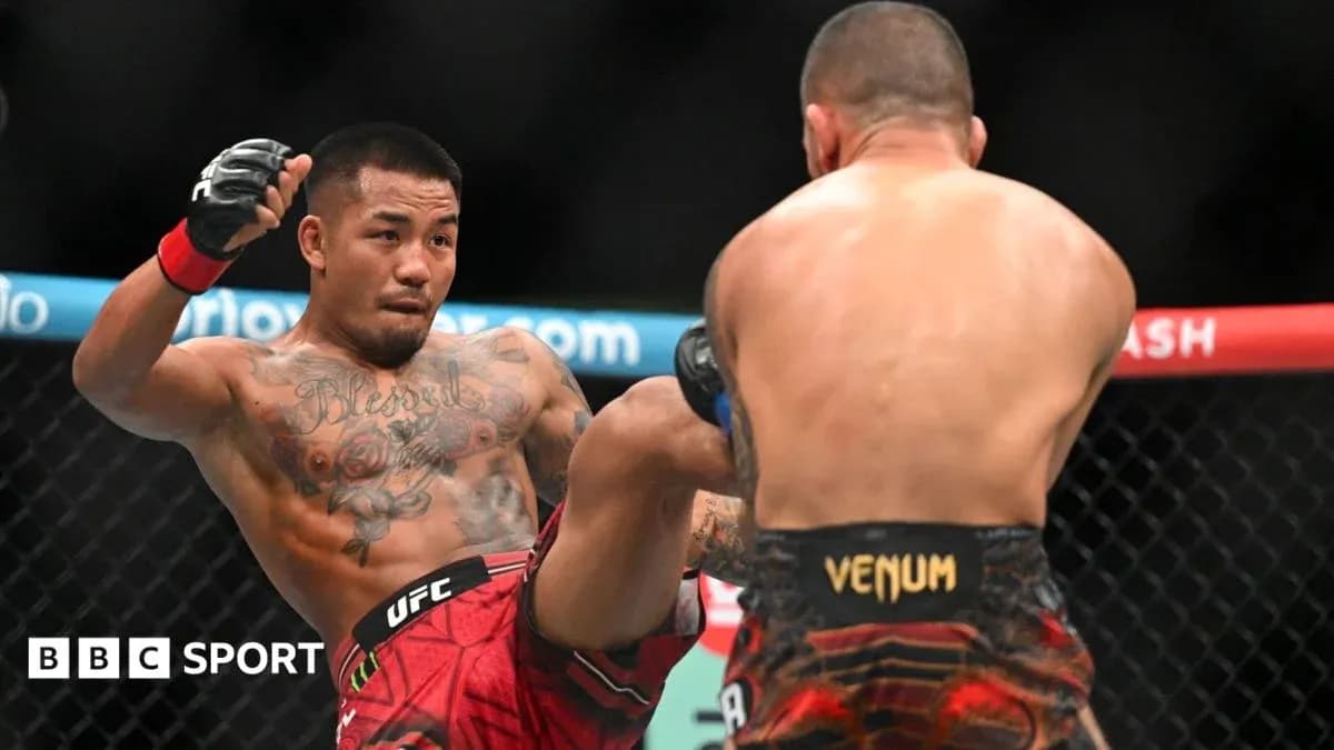 Fighter delivering a kick in UFC match Fighter delivering a kick in UFC match
