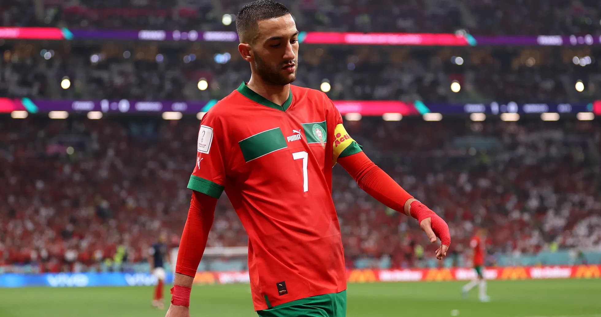 Hakim Ziyech walking on the pitch in Morocco kit Hakim Ziyech walking on the pitch in Morocco kit