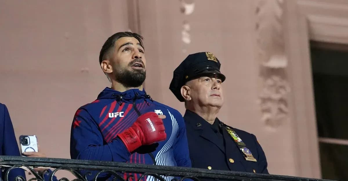 UFC fighter singing national anthem with police officer UFC fighter singing national anthem with police officer