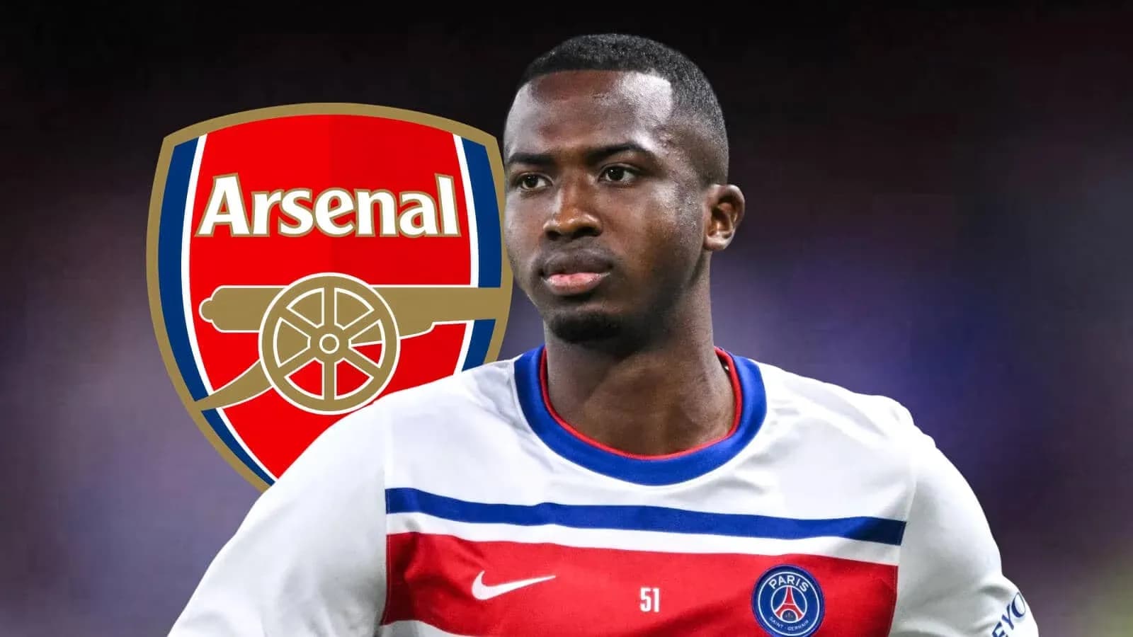 Player in PSG kit with Arsenal logo background Player in PSG kit with Arsenal logo background