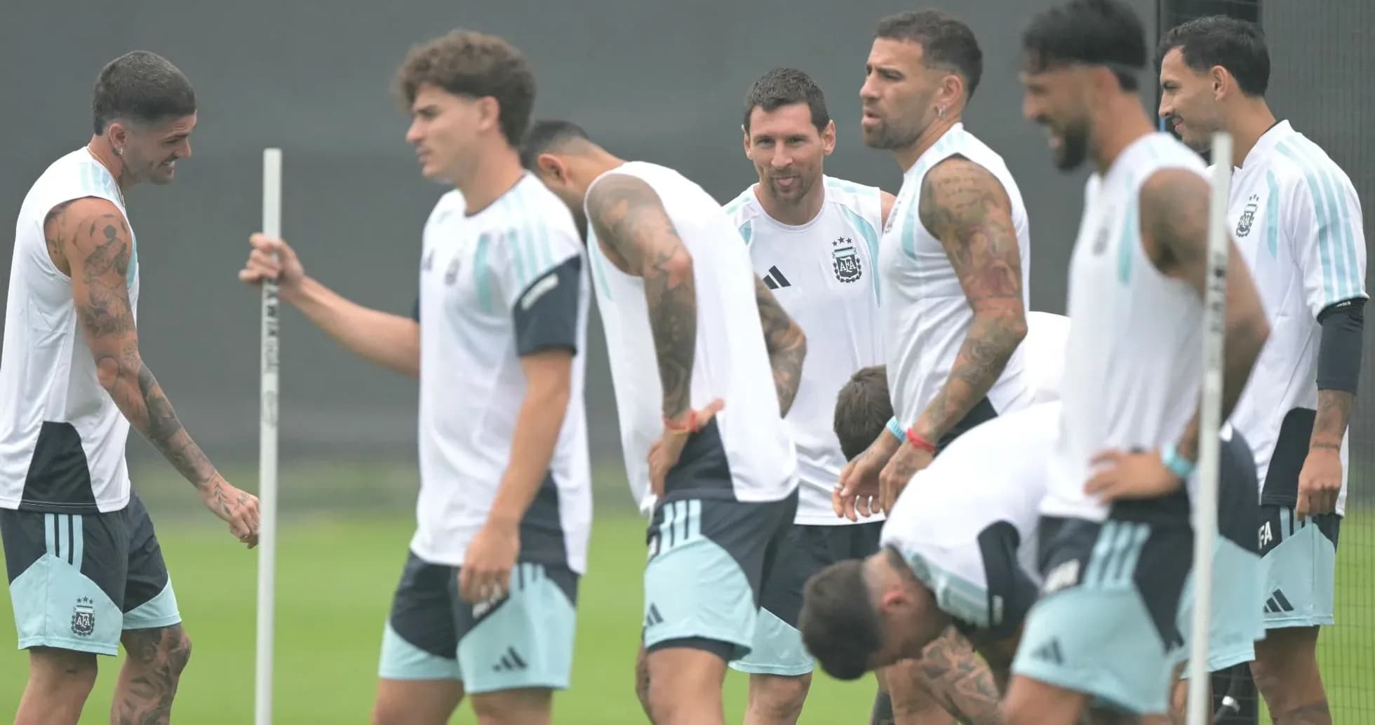 Argentina players training on the pitch together Argentina players training on the pitch together