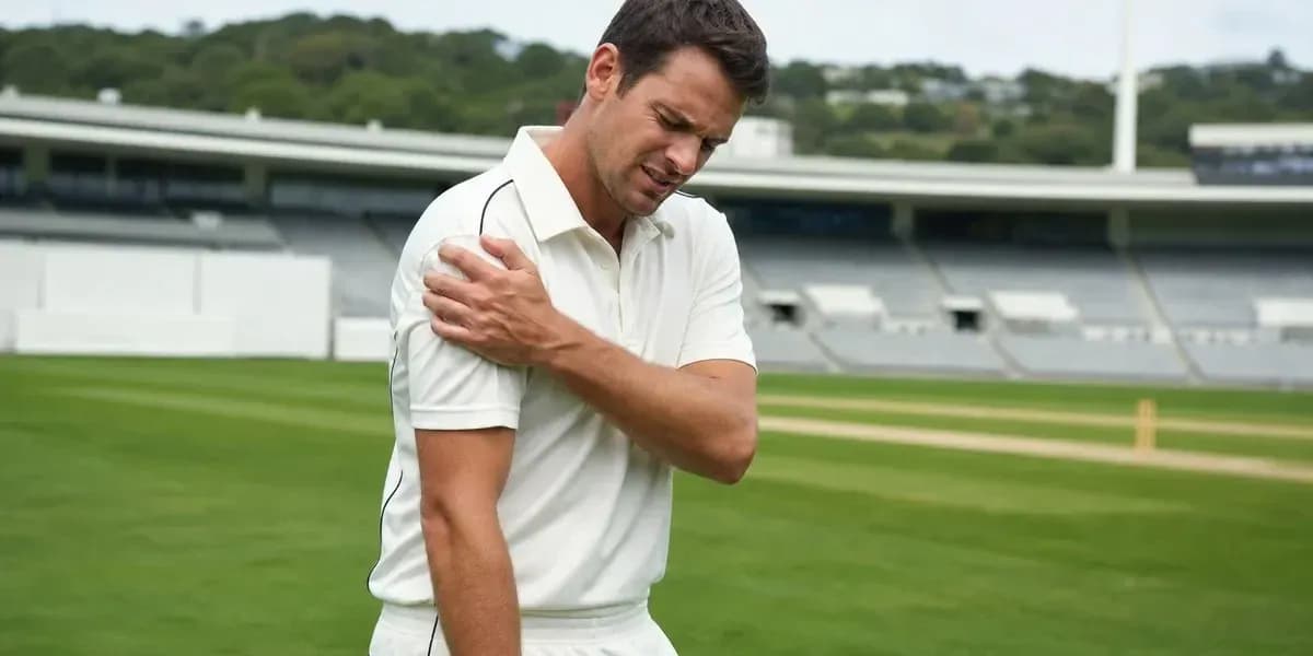 Cricketer holding shoulder in pain on field Cricketer holding shoulder in pain on field